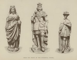 Estatuas de la Reina Isabel I, el Rey Carlos I y el Rey Eduardo VI del frente de la Capilla Guildhall, Ciudad de Londres de English School