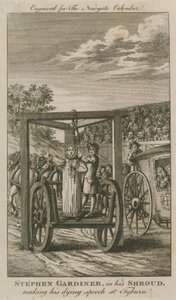 Stephen Gardiner en su mortaja pronunciando su discurso moribundo en Tyburn (grabado) de English School