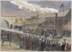 El cohete de Stephenson llegando primero en la competencia de locomotoras en Rainhill en 1829 de English School