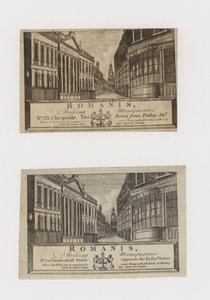 Tarjeta comercial de fabricantes de medias, Romanis, en Cheapside y luego en Leadenhall Street de English School