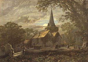 Patio de la iglesia de Stoke Poges, escena de la Elegía de Gray (grabado)