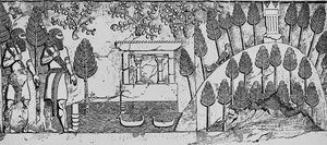 Bajorrelieve de piedra de un templo y colina artificial en el parque de Sargón II en Khorsabad, c.715 a.C. de English School