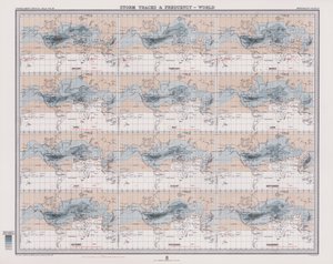 Trayectorias y frecuencia de las tormentas en el mundo (litografía en color)