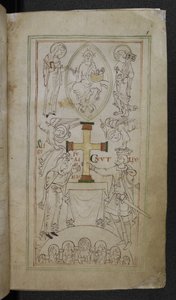 Stowe 944 f.6 El rey Canuto y su reina, Aelfgyfu, presentando una cruz sobre el altar del New Minster, 