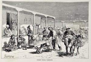 Escena callejera, Yarkand, ilustración de The Universal Geography, the Earth and its inhabitants por Elisee Reclus, publicado 1878 de English School
