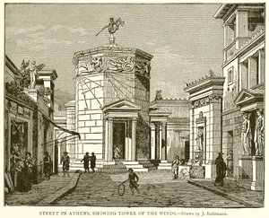 Calle en Atenas, mostrando la Torre de los Vientos de English School