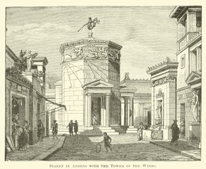 Calle en Atenas con la Torre de los Vientos de English School