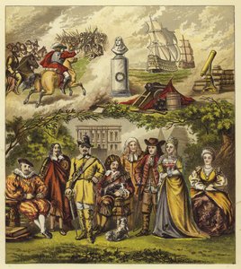 Estuardo, Commonwealth y Casa de Orange; Rey Jacobo I, Rey Carlos I, Oliver Cromwell, Rey Carlos II, Rey Jacobo II, Guillermo y María, Reina Ana de English School