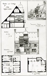 Estudio y cabaña para Miss Rosa Corder, de The British Architect, 3 de octubre de 1879 de English School