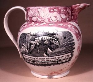 Jarra de Sunderland Ware, transferida, principios del siglo XIX