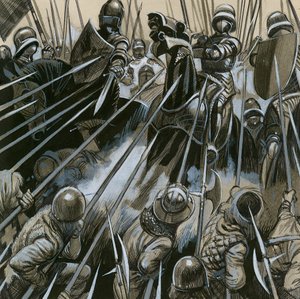 Soldados suizos derrotando al ejército borgoñón en 1476-77 de English School