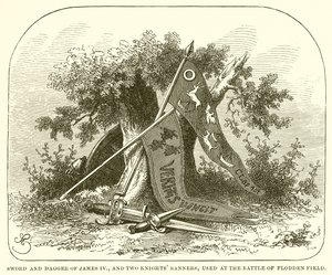Espada y daga de Jacobo IV, y dos estandartes de caballeros, usados en la Batalla de Flodden Field