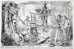 Cuadro, representando más mejoras en la casa del Sr. Briggs - destrucción de la pared que separa el salón del pasillo, ilustración de Punch de English School