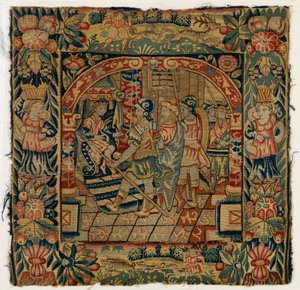Funda de cojín de tapiz que representa a Los ancianos ante Daniel, hecha en Sheldon, Inglaterra, después de 1600 (lana)