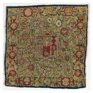 Funda de cojín de tapiz con las armas de Sacheverell, fabricada en Sheldon, Inglaterra, después de 1600 (lana y seda) de English School