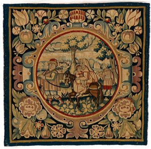 Funda de cojín de tapiz que representa la Huida a Egipto, confeccionada posiblemente en Sheldon, Inglaterra, principios del siglo XVII (lana) de English School