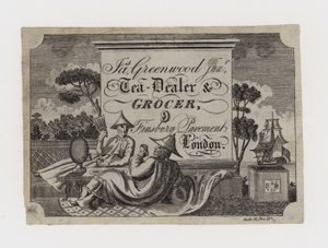 Tarjeta comercial de comerciante de té y tendero, James Greenwood