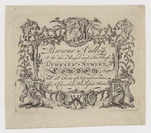Tarjeta comercial de comerciantes de té, Browne y Culley de English School