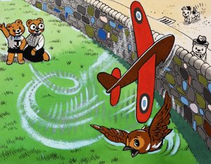 Oso de peluche volando en avión de juguete de English School