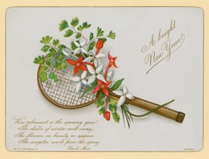 Raqueta de tenis y flores, tarjeta de Año Nuevo