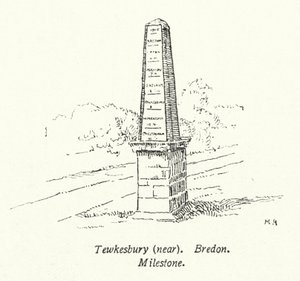 Tewkesbury, cerca de, Bredon, Milestone (litografía) de English School