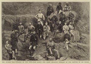 La guerra afgana, oficiales del Quincuagésimo Primero (Infantería Ligera del Rey) en la captura de Ali Musjid de English School
