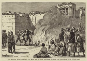 La guerra afgana, quemando el cuerpo de un asesino Ghazi fuera de la Puerta de Peshawur, Jellalabad de English School