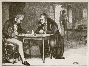 Los agentes de Gran Bretaña y Suecia firmando el tratado contra Napoleón, ilustración de Cassells Illustrated History of England