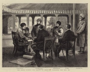 El Emir firmando el Tratado de Paz en Gandamak, 26 de mayo de 1879 (grabado) de English School