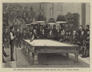 El torneo de billar americano, Joseph Bennett y S W Stanley jugando (grabado)