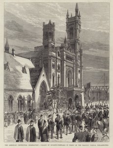 La celebración del centenario americano, desfile de caballeros templarios frente al templo masónico, Filadelfia