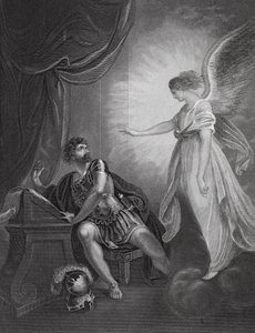 Aparición del ángel a Cornelio, Hechos, cap. 10, v. 4 (grabado) de English School
