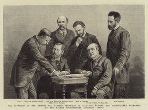 El acercamiento de las fronteras británica y rusa en Asia, los delegados rusos y anglo-indios en el reciente Congreso Geográfico, Venecia (grabado) de English School