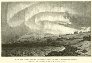 La aurora boreal o luz del norte, vista en Bossekop en Finmark (Noruega), el 21 de enero de 1839, a las 6 pm de English School