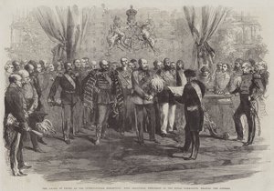 La entrega de premios en la Exposición Internacional, el conde Granville, presidente de la Comisión Real, leyendo el discurso de English School