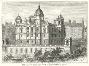 El Banco de Escocia, desde los Jardines de Princes Street (grabado) de English School