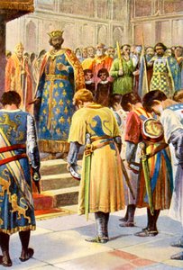 Los barones piden a Enrique III que convoque un Parlamento (litografía en color) de English School