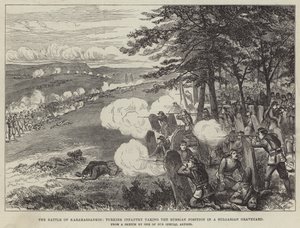 La batalla de Karahassankoi, infantería turca tomando la posición rusa en un cementerio búlgaro (grabado) de English School