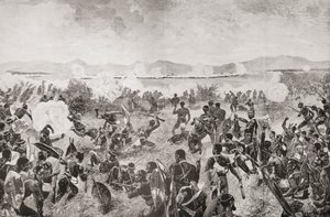 La batalla de Ulundi en 1879, que muestra la acometida final de los zulúes y la plaza británica a lo lejos, de "South Africa and the Transvaal War: Vol. 1" de Louis Creswicke, publicado en 1900 (litografía).