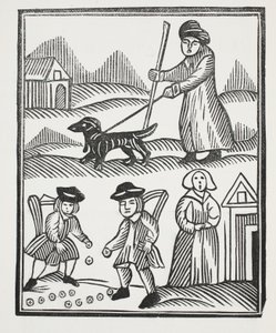 El mendigo viajando con su perro, trae a casa una buena cantidad de riqueza para progresar, con la cual supera al caballero, y casa a su hija para su deleite, ilustración de Chap-books del siglo XVIII de John Ashton, pub. 1882 de English School