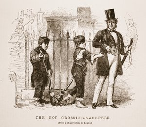 Los barrenderos de cruces de niños, ilustración de London Labour and London Poor de Henry Mayhew, pub. 1862 de English School