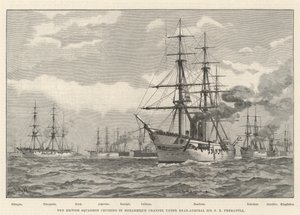 El escuadrón británico navegando en el canal de Mozambique bajo el mando del contralmirante Sir E R Fremantle (grabado) de English School