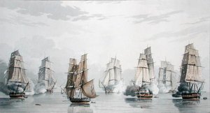 El Escuadrón Británico bajo el Comando del Capitán Charles Marsh Schomberg y el Escuadrón Francés bajo el Comando del Comodoro Roquebert, Calmados poco después del comienzo de la Acción frente a Madagascar, 20 de mayo de 1811 de English School