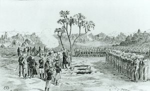 El entierro del General Earle y los Coroneles Eyre y Coveney en Kirbekan, de La Campaña de las Cataratas por el General William Francis Butler, publicado en 1887 de English School