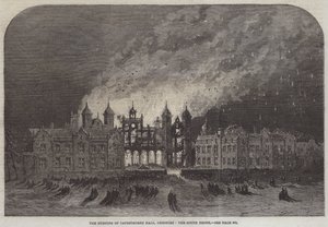 El Incendio de Capesthorne Hall, Cheshire, el Frente Sur (grabado) de English School