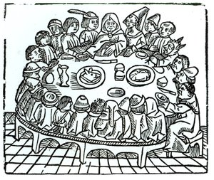 Los peregrinos de Canterbury sentados para una comida compartida, ilustración de 