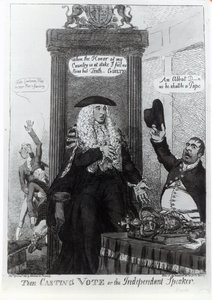 El voto decisivo, o el orador independiente, caricatura satírica que muestra al entonces Primer Ministro, Henry Addington, 1805 de English School