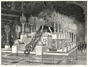 El catafalco erigido para el servicio fúnebre de Su Majestad el Rey Víctor Manuel, en el Panteón, Roma (grabado) de English School