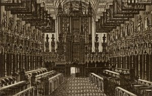 El coro, mirando al oeste, la capilla de San Jorge, Windsor (lito) de English School