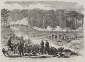 La Guerra Civil en América, Avance de los Tiradores de los Rifles Bucktail sobre la Posición Confederada en Drainsville, Virginia (grabado) de English School
